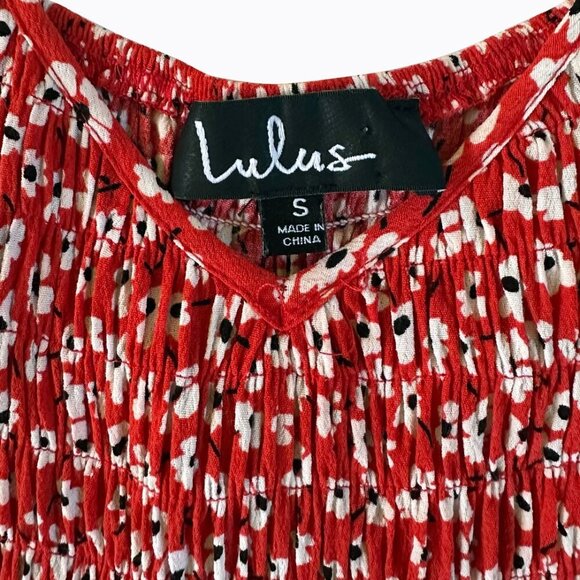Lulus Red Floral Print Smocked Babydoll Dress V-Neck Casual Comfy Boho Beach SzS - Picture 3 of 9